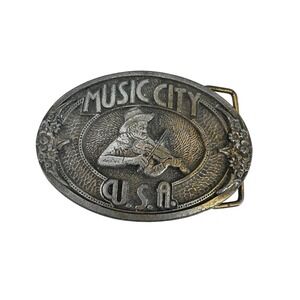 Vintage CDC Metalworks Music City USA Nashville Belt Buckle Fiddle Player Brass